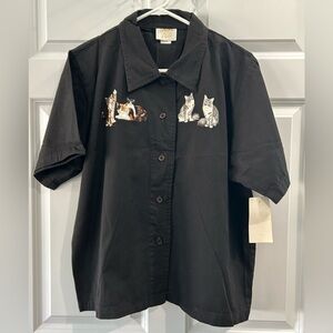 NWT Vintage Tia Designs Cat Applique Button Front Top Size XL Boxy Artsy Casual